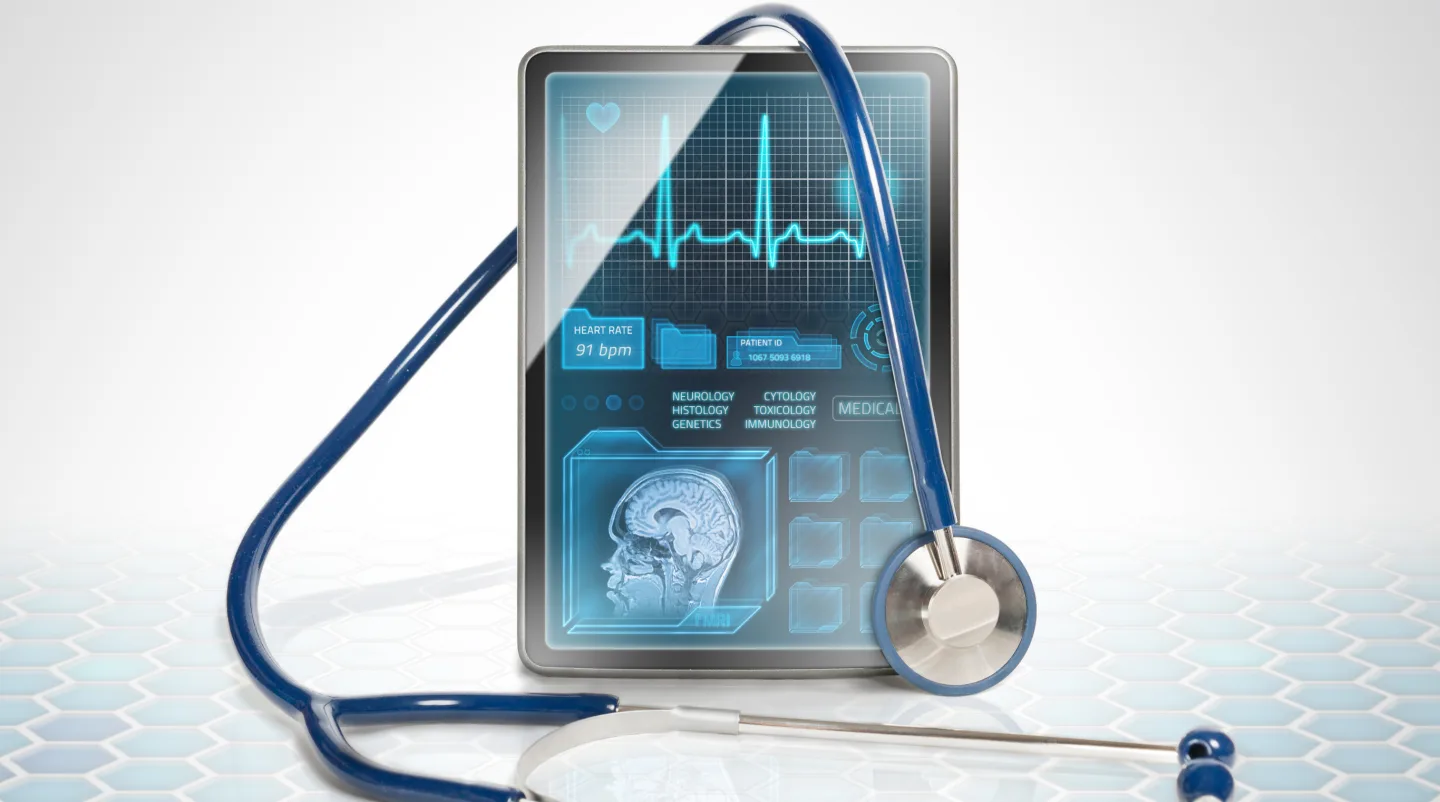 Conceptual digital healthcare interface and stethoscope representing AI-enabled EHR modernization