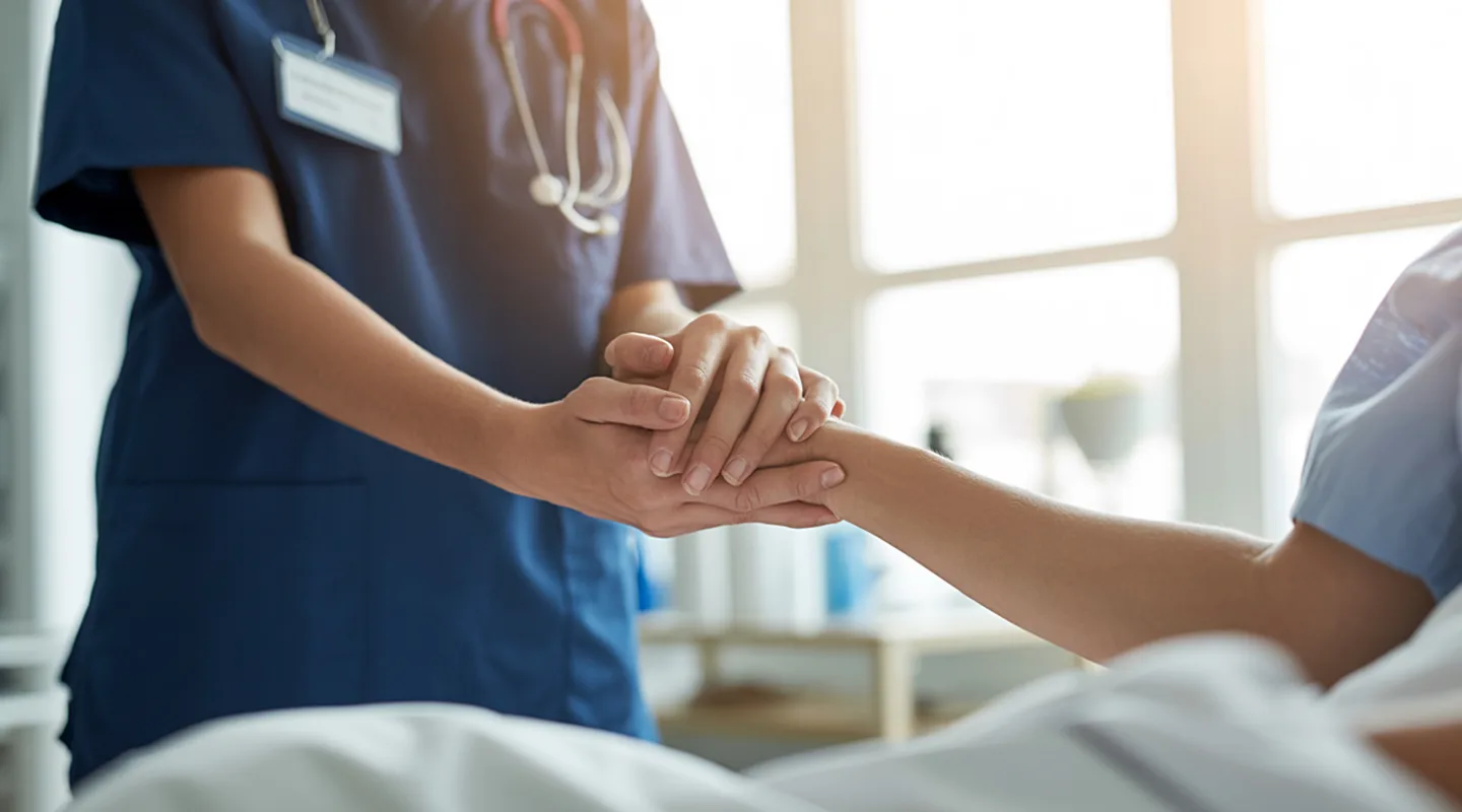 Clinician holding a patient's hand during a healthcare visit